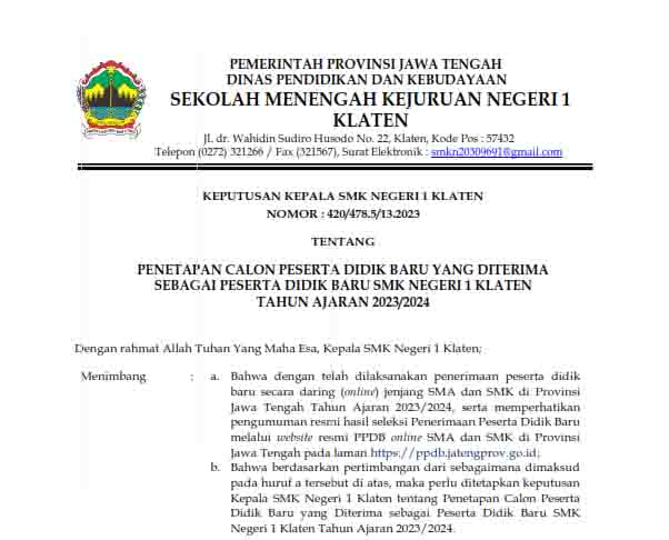 Pengumumman Hasil Seleksi Online PPDB SMKN 1 KLATEN TA 2023/2024